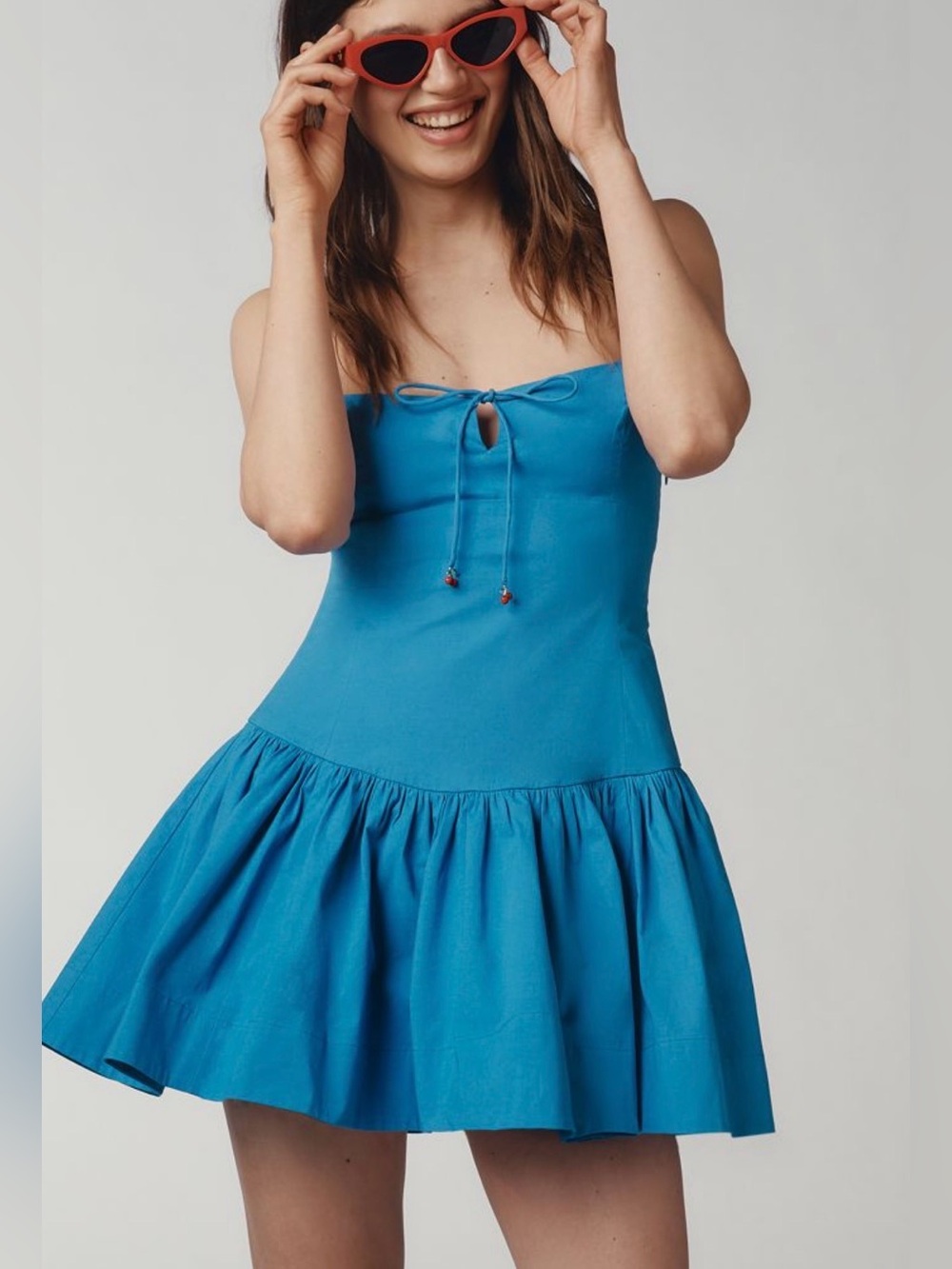 Anthro Maeve NWT New blue stretch cherry-Tie drop waist sleeveless mini Dress